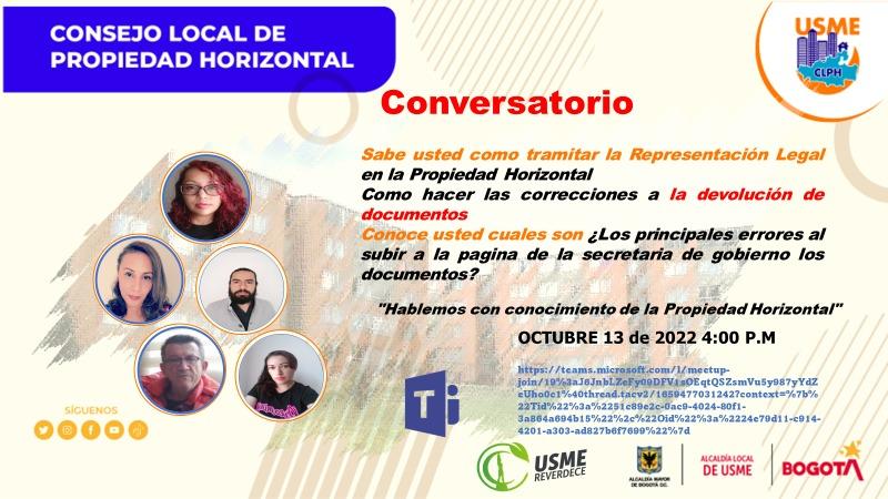 CLPHUsme's tweet photo. Hoy, 13 de octubre de 2022, a las 4:00 pm, hablaremos sobre *Cómo tramitar la representación legal de una propiedad horizontal*. #propiedadhorizontal #usme @UsmeAlcaldia https://t.co/CBc2ElH963
