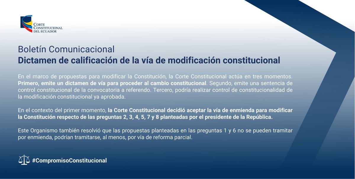 🔵#BoletínCC | La Corte Constitucional, en cumplimiento con el primer momento para la tramitación de la modificación constitucional, emite el dictamen dentro del caso Nro. 4-22-RC.

Lee más➡️bit.ly/3yDL0Pp
Texto íntegro➡️bit.ly/3CyVelk