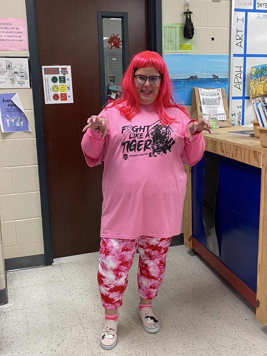 Ms. Albritton all decked out in all  pink down to the real hair for THS PINK OUT DAY 2022!! #TravisPinkOut22