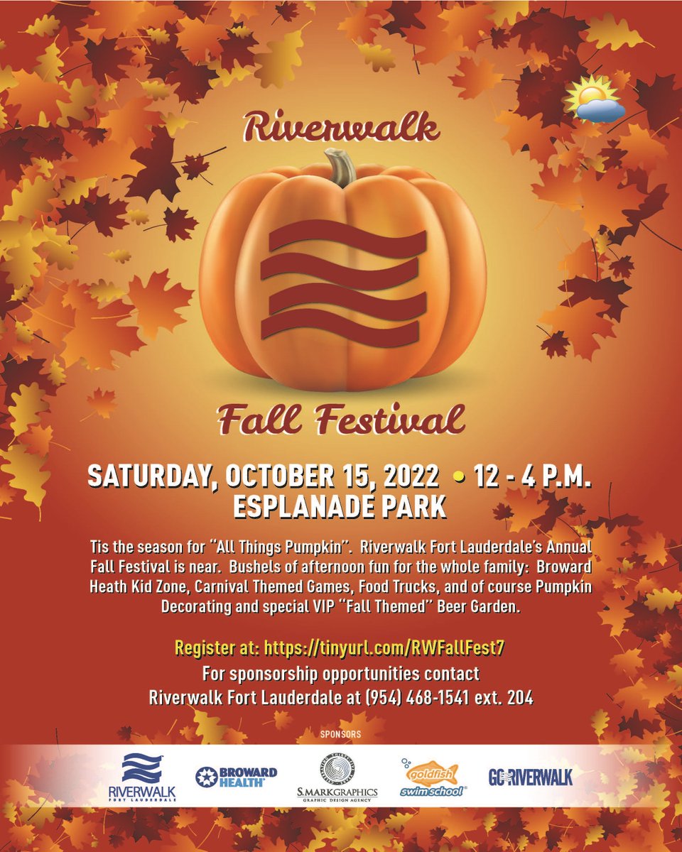 RiverwalkFTL's tweet photo. Riverwalk Fall Festival
SAT 10/15
Noon-4 PM
Esplanade Park
Food Trucks

@BrowardHealth Kids Zone
🎃Bowling🎃 Decorating &amp; games!
Dunk Tank sponsored by @GoldfishSwim
 🎤 Live music by @SchoolofrockFTL https://t.co/kJ141EgIT1
