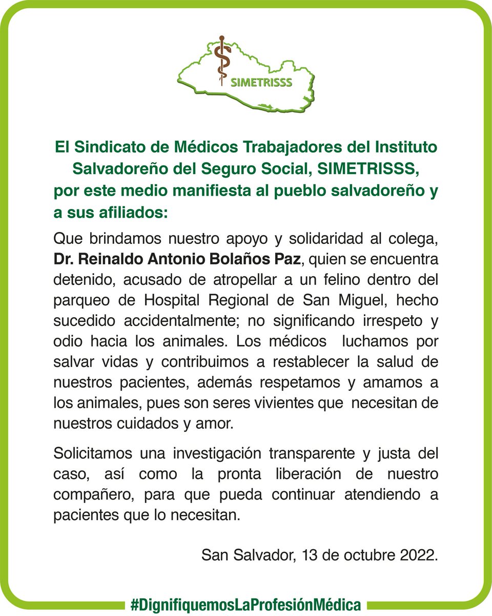 prensagrafica's tweet photo. Médicos agremiados en Simetriss expresaron hoy su apoyo al médico detenido tras atropellar a un gato en San Miguel https://t.co/7bAp411AGS