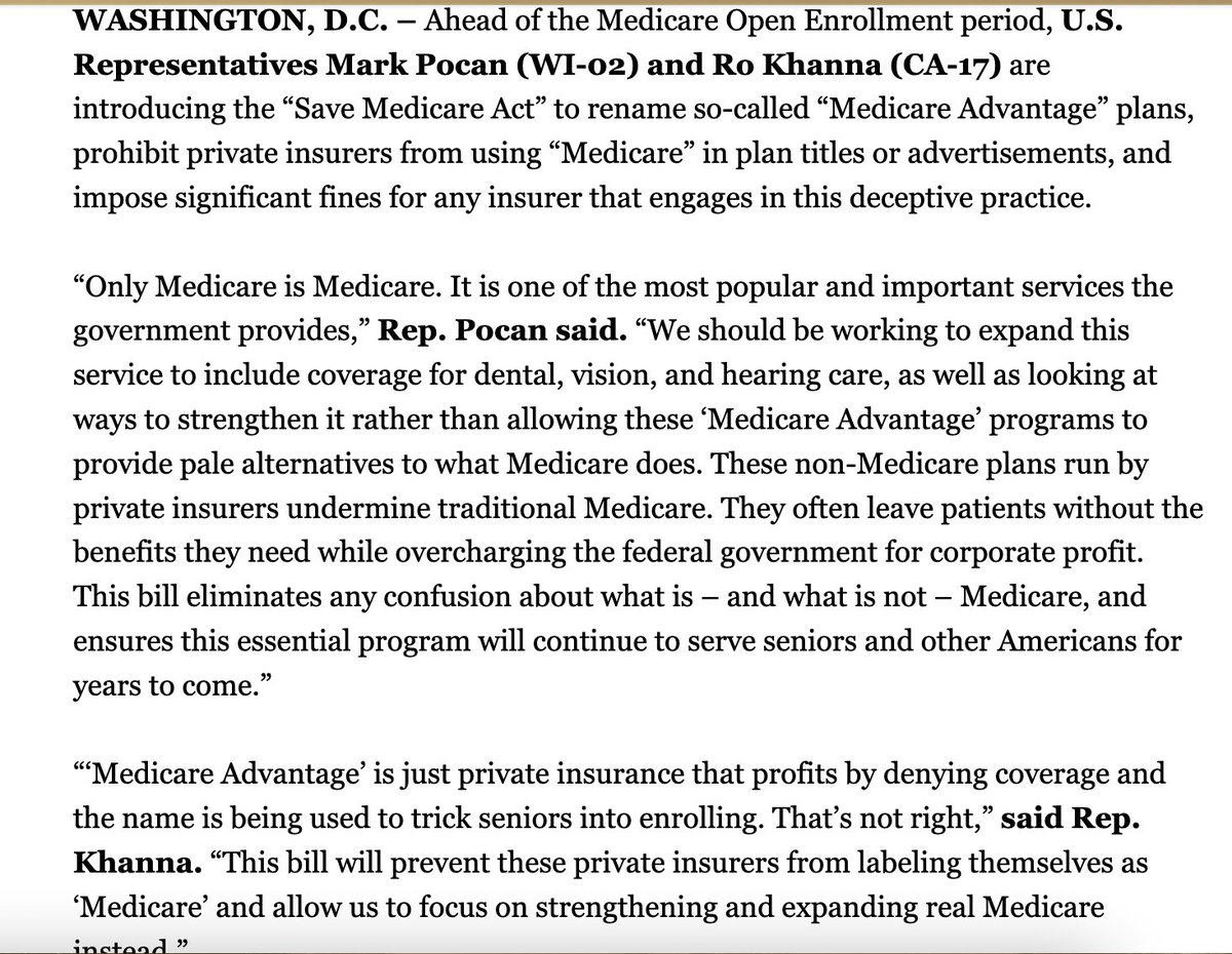 Democrats @RepMarkPocan and @RoKhanna are sponsoring a bill to relabel Medicare Advantage plans as 'Alternative Private Health Plans' and fine them if they market themselves as Medicare plans: pocan.house.gov/sites/pocan.ho…