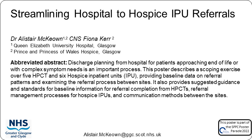 Palliative_Scot's tweet photo. Poster 46 #SPPCPosterParade22 Streamlining Hospital to Hospice IPU Referrals @nhsggc @AllyMedic @PPWHospice @palliativeggc https://t.co/cLJBGL6Pox