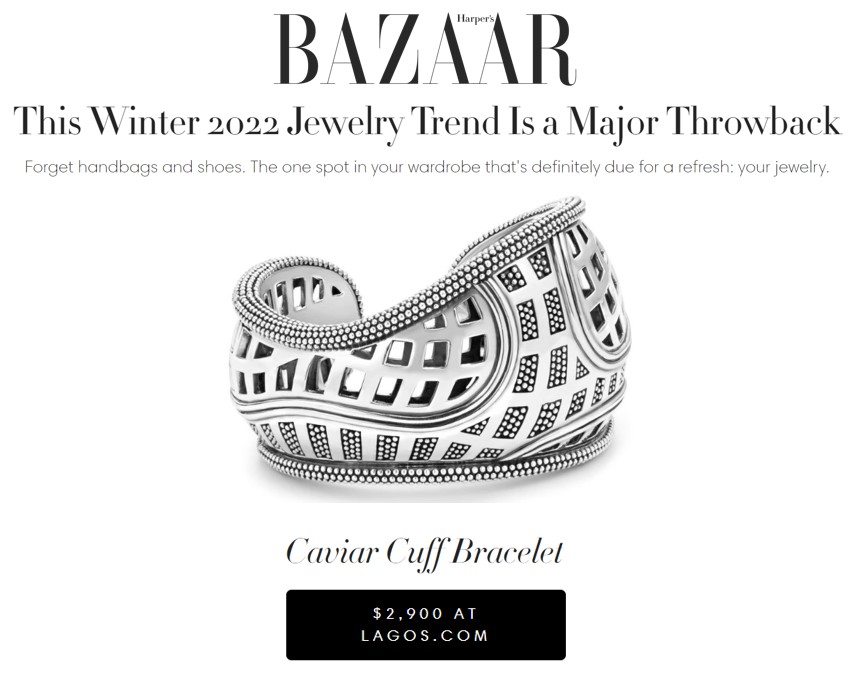 LAGOS_Jewelry's tweet image. Cuffing season is upon us. Go bold with our Keep Memory Alive Caviar Cuff Bracelet—an effortless way to ace one of @harpersbazaarus's favorite winter jewelry trends. #CuffBracelets #MyLAGOSMyWay bit.ly/3MsbuJl