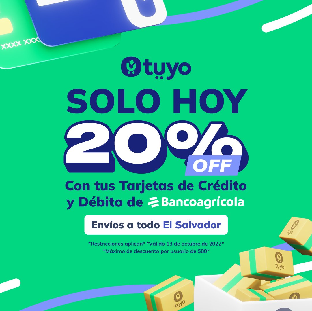 Jueves de 20% OFF con <a href="/bancoagricolasv/">Bancoagrícola</a> 🚀. No te quedes sin comprar lo #Tuyo 🙌.