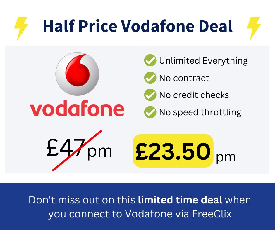 For a limited time only, we are offering Unlimited Vodafone SIMs for just £23.50 per month! That's HALF the price of going with Vodafone direct. 

Cancel any time after the first 30 days. Buy now with super simple debit or credit card sign up today. 

store.freeclix.com/voda50