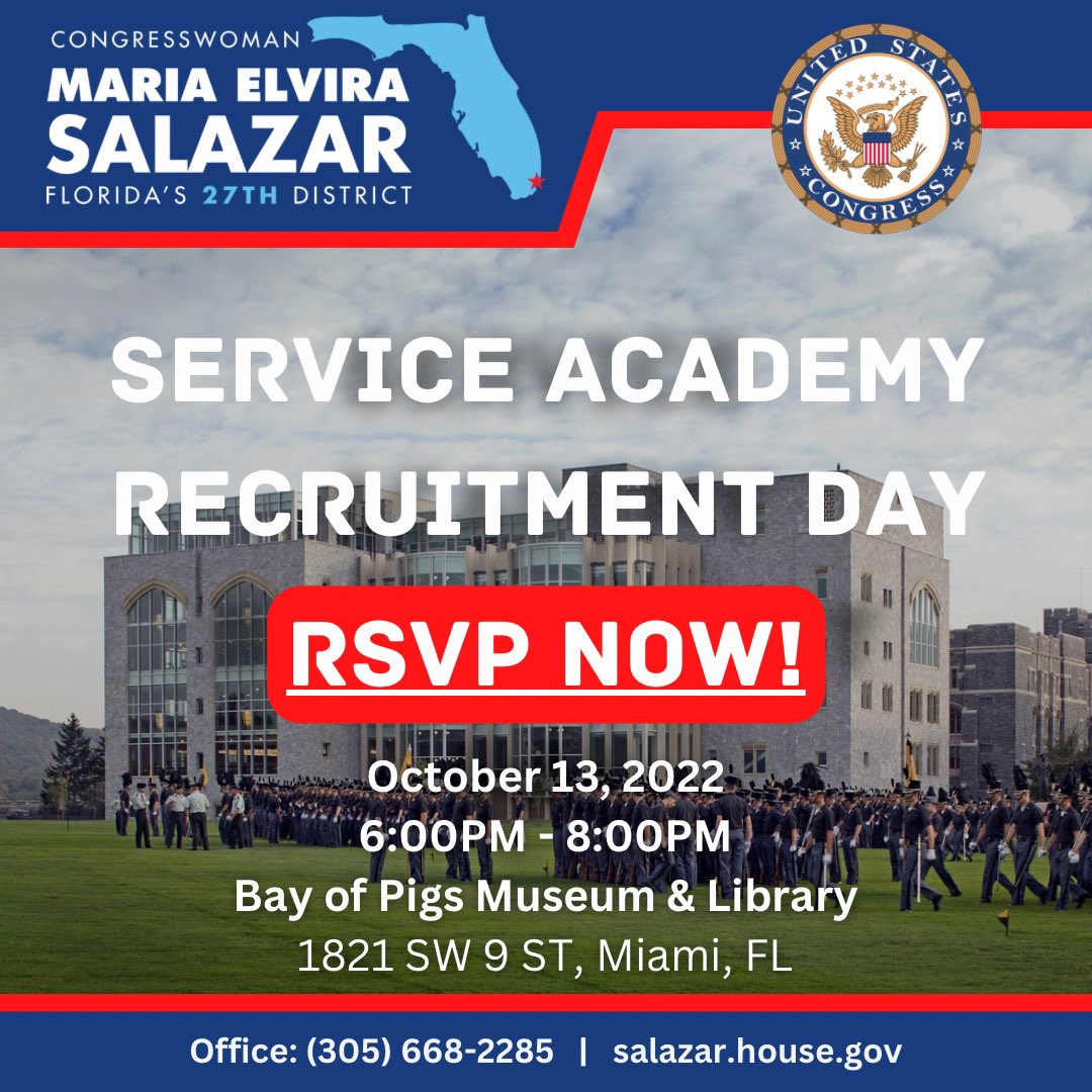 🚨 Calling all future officers: join me TONIGHT for this year’s Service Academy Recruitment Day at the Bay of Pigs Museum! I look forward to meeting you! 🇺🇸 Register now: eventbrite.com/e/service-acad…