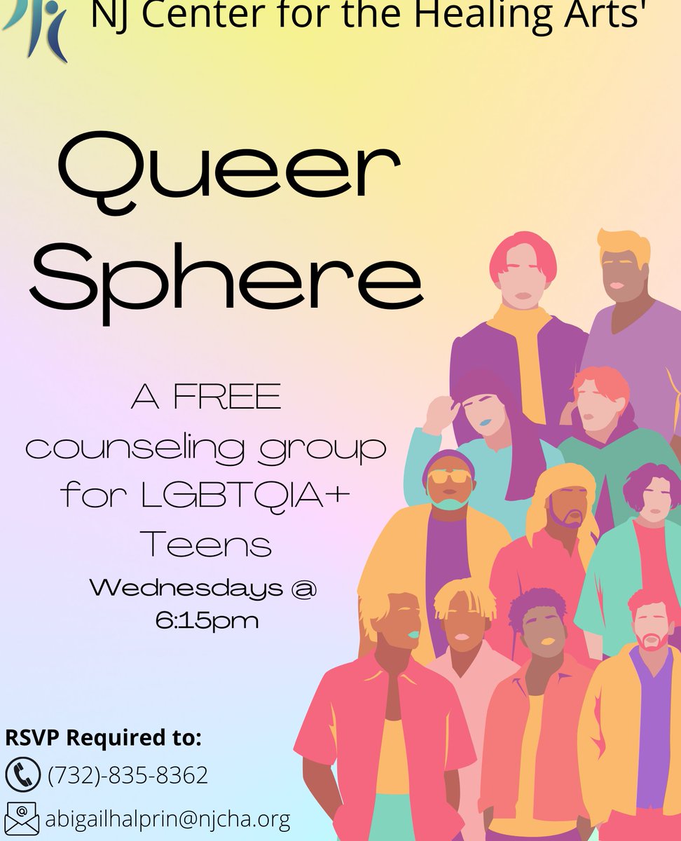 NJCHA's tweet image. Join NJCHA @ 6:15PM on Wednesdays for our FREE LGBTQIA+ teen counseling group! RSVP required to Abigail Halprin by email:abigailhalprin@njcha.org or by phone 732-835-8362

#redbank #monmouthcounty #njcha #mentalhealth #newjerseycenterforthehealingarts #counseling #LGBTQIA+ #teens