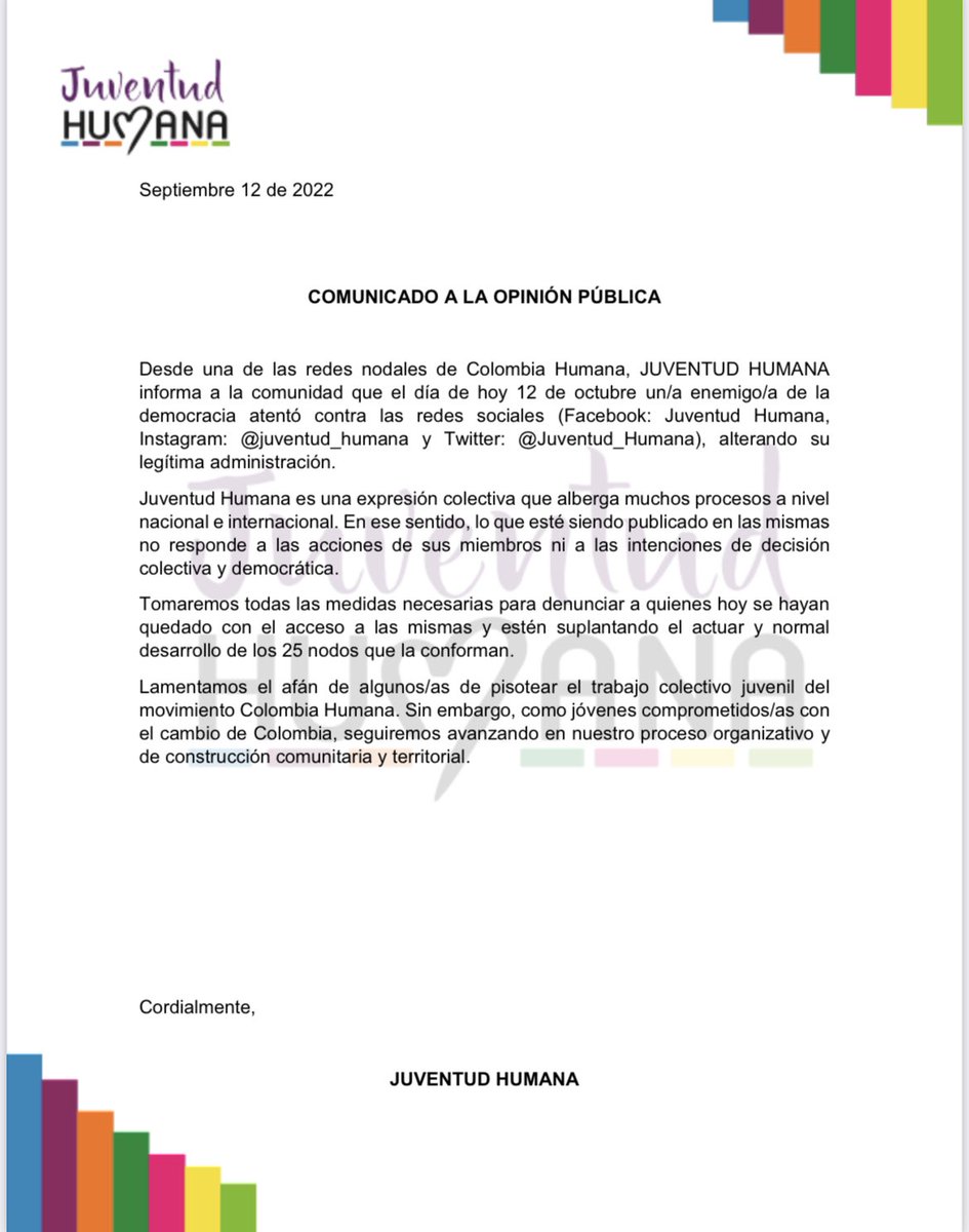 Informamos como nodo <a href="/Juventud_Humana/">juventud Humana San Vicente</a>, que sufrimos un ataque cibernético que ocasionó la pérdida de acceso a nuestras cuentas oficiales 📲 desde el 11 de octubre de 2022.