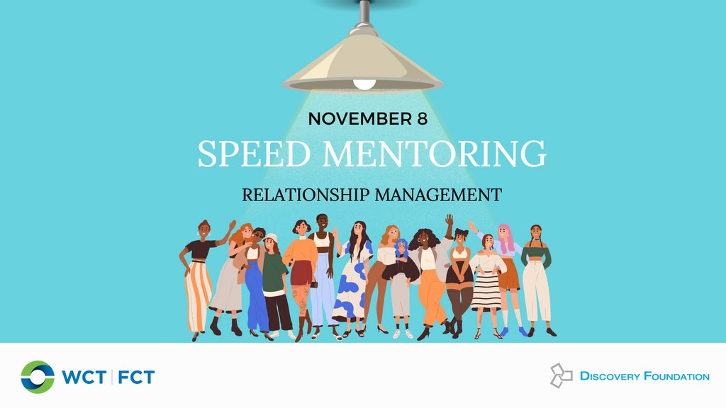 Are you ready?! WCT BC and the Discovery Foundation will be in-person on November 8th for a Speed Mentoring Event! The theme is Relationship Management. 

Join us for an evening of learning from some of BC's most successful women. 

Register today: bit.ly/3SxfpqM