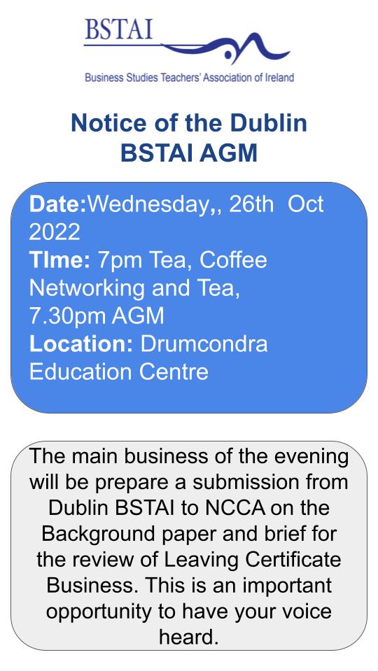 bstaidublin's tweet photo. We are back up and running!

Our first in-person meeting will take place in @DrumcondraESC on Wed 26th of October 2022. This will be our AGM and an opportunity for members to have their say on the BSTAI submission to @NCCAie on the Background Paper for #LCBusiness @bstaireland https://t.co/QkXYyNLuxU