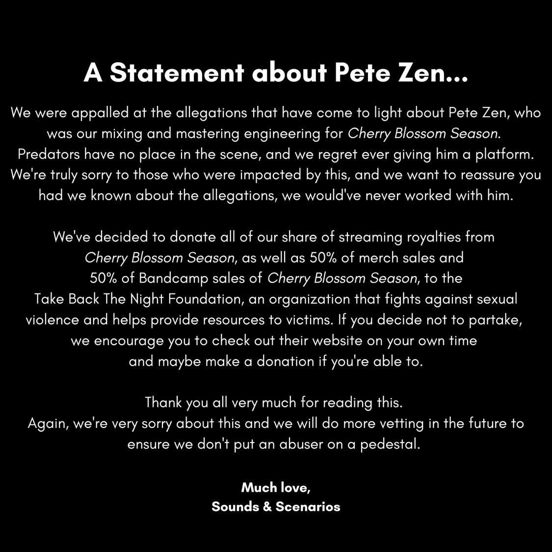 We wanted to talk about Pete Zen. Please head to the link in our bio to learn more about Take Back the Night. Fuck abusers.