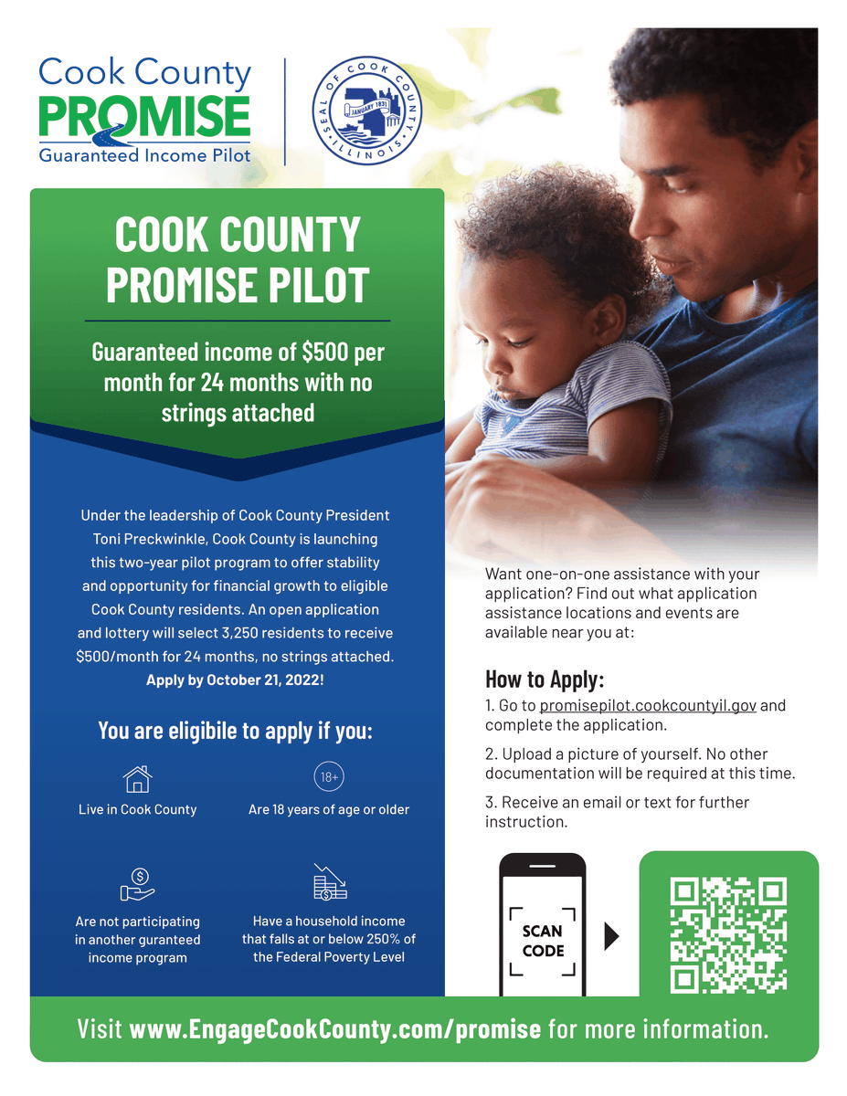 KBMorrison15's tweet photo. Applications are now open for Cook County's Promise Guaranteed Income Pilot! To apply for your $500 monthly payment for two years go to: https://t.co/5PBMRTY9R1 #CookCountyPromise https://t.co/xwvkeztCQ4