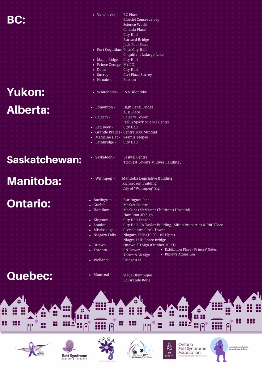 During Rett Syndrome Awareness Month, homes and landmarks light up purple to help show their support. Thank you to the <a href="/rett_bc/">R.S.S.B.C.</a> <a href="/RSSA2016/">Alberta Rettsyndrome</a> SaskRett  @MBRettsyndrome RettQc for organizing these landmarks to light purple on October 29th #LightCanadaPurple #ORSAstrong #RettAwareness