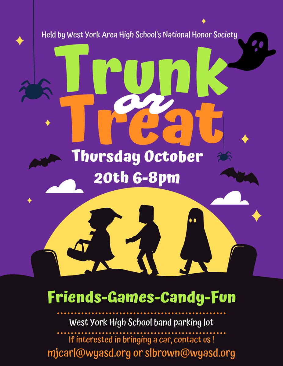We're preparing for another SPOOKTACULAR - and always family-friendly - Trunk or Treat night!!
Be sure to join us next Thursday night, October 20th, starting at 6:00 PM, for games, candy, and fun!!
#wyasd #wyproud #awesomestartshere <a href="/WYASDSupt/">WYASD Supt. Davies</a>
