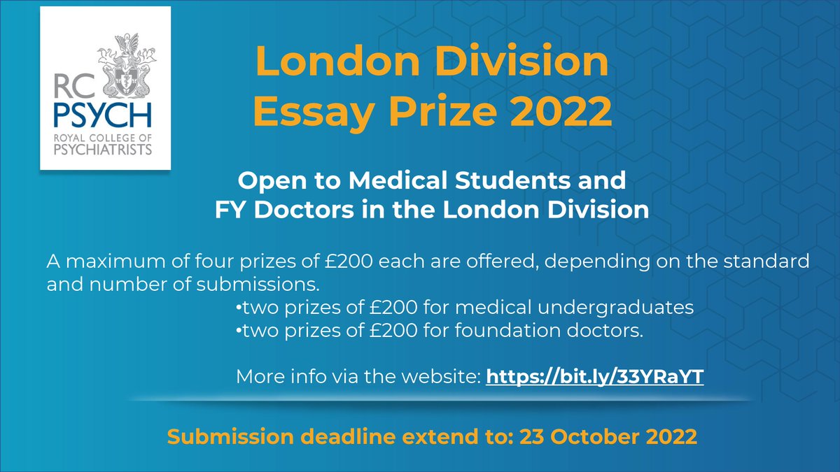 rcpsychLDN (@rcpsychldn) on Twitter photo 📣Calling all med students and FY doctors, still time to submit for this year’s essay prize. Deadline extended to 23 October. More info - bit.ly/33YRaYT <a href="/SuhanaAh/">Suhana Ahmed</a> <a href="/DrVCurtis_Psych/">Vivienne Curtis</a> <a href="/Choose_Psych/">Choose Psychiatry</a> <a href="/UCLPsychSoc/">UCL Psychiatry Society</a> <a href="/KCLPsychSoc/">KCL Psych Soc</a> <a href="/BL_PsychSoc/">BL PsychSoc</a> 📣Calling all med students and FY doctors, still time to submit for this year’s essay prize. Deadline extended to 23 October. More info - bit.ly/33YRaYT <a href="/SuhanaAh/">Suhana Ahmed</a> <a href="/DrVCurtis_Psych/">Vivienne Curtis</a> <a href="/Choose_Psych/">Choose Psychiatry</a> <a href="/UCLPsychSoc/">UCL Psychiatry Society</a> <a href="/KCLPsychSoc/">KCL Psych Soc</a> <a href="/BL_PsychSoc/">BL PsychSoc</a>