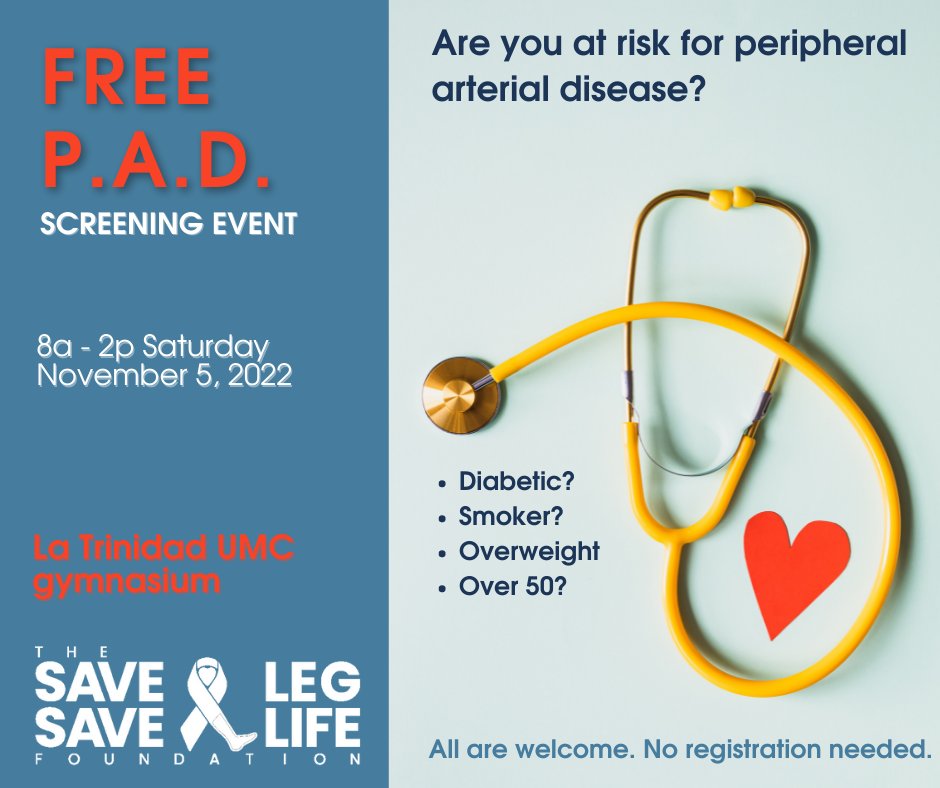 BexarCountyMed's tweet image. The Save A leg, Save A Life Foundation is hosting a FREE P.A.D. Screening Event in San Antonio! 
 All are welcome! No registration needed.
See the details below! @thesalsalorg #PADawareness #CommunityScreening #EducationalEvent #SanAntonio