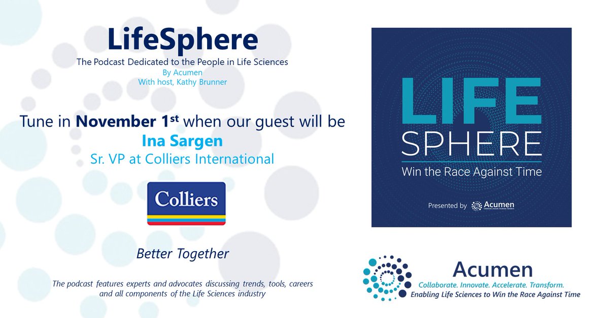 LifeSpherePod's tweet photo. Excited to announce #LifeSpherePod next guest, Ina Sargen of @ColliersPhilly in conversation w/ @kbrunner1 of @AcumenAnalytics on 11/1. Subscribe today &amp; don't miss an episode. Details: https://t.co/nwlz35PbCZ 

#Acumen #Collaborate #Innovate #Accelerate #Transform #AI #Data https://t.co/EceMK21tpC