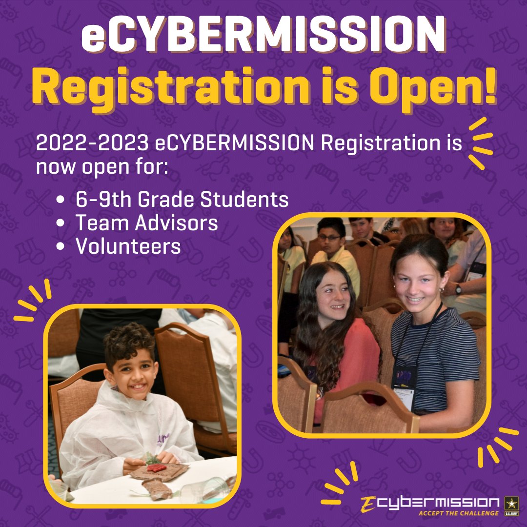 One of the best ways to prepare for JSHS in high school is by doing @ecybermission in middle school! eCYBERMISSION is a free, team-based STEM competition for 6th-9th graders administered by @NSTA. Learn more and register today at ecybermission.com!