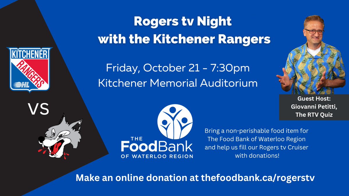Rogerstv20's tweet photo. Friday, October 21 is our next Rogers tv Night with @OHLRangers and we're partnering with @FoodBankWatReg to fill our cruiser with non-perishable food donations! Our host @GiovanniPetitti will be there with a chance to win a Kitchener Rangers prize pack! #RTown #FillACruiser https://t.co/S0BvtLy7ai