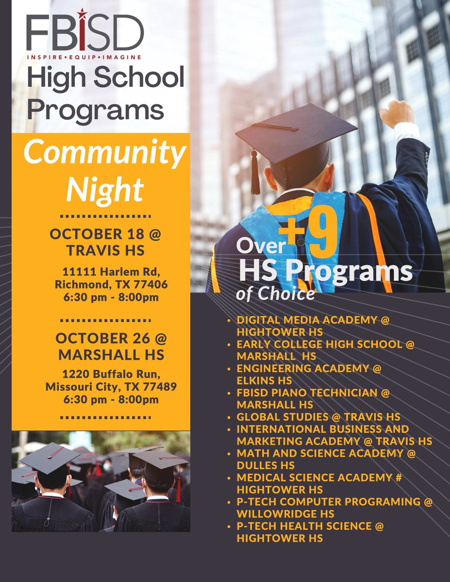 FortBendISD's tweet photo. REMINDER: Our first Community Night is next week! Programs of choice offer students unique learning experiences and specialized instruction focused on preparing them for success in higher education and their career. #FBISDProgramsMonth
Learn More: https://t.co/yszzpjXbUL https://t.co/CE4rugF7B4