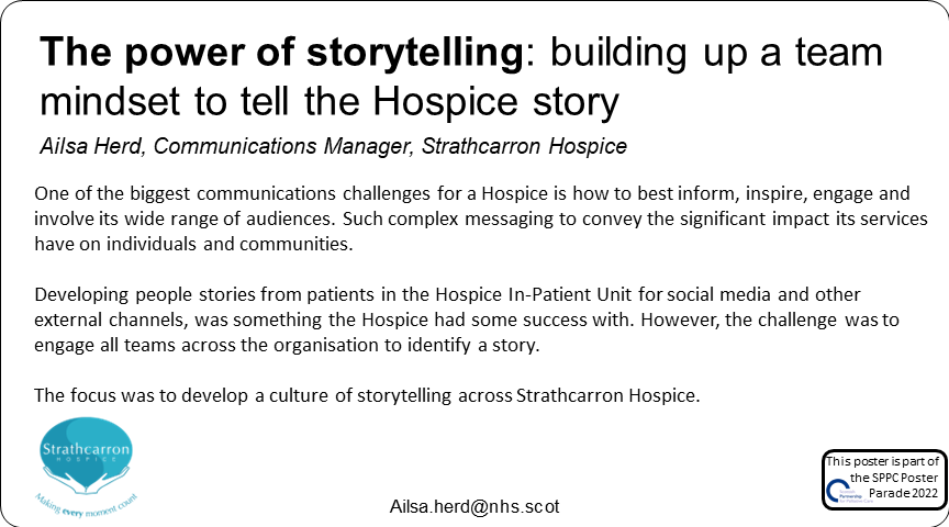 Palliative_Scot's tweet photo. Poster 51 #SPPCPosterParade22 The power of storytelling: building up a team mindset to tell the Hospice story @edstrathcarron @strathcarron1 https://t.co/PAuCKeDGvK