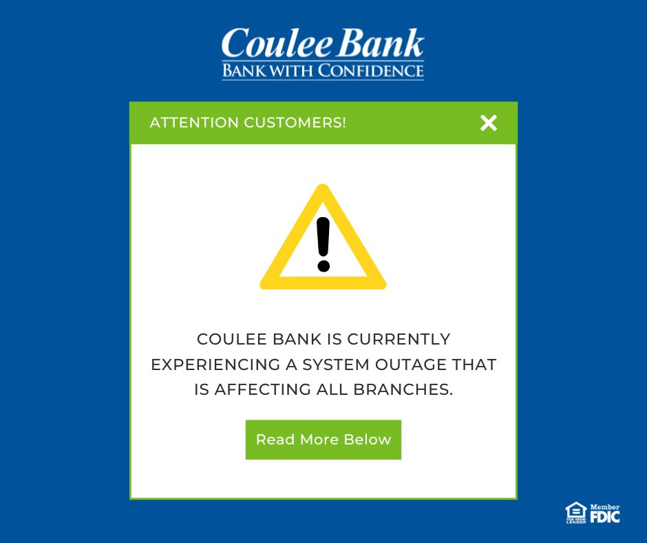 CouleeBank's tweet photo. We are currently able to accept deposits; however, we cannot present receipts at this time, and transactions may not be accurately represented on your account until our systems return.
Please visit https://t.co/6AmuHuejYT for more info. We apologize for the inconvenience. https://t.co/Q8Hgor4H9B