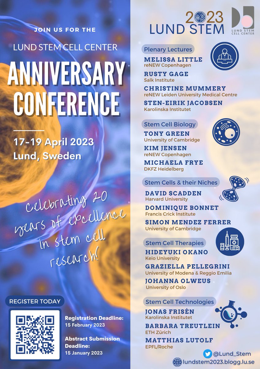 🌟Join us for our 20th anniversary celebration #LundStem2023 - an international event where scientists can connect & discuss the latest in #stemcell science! 📆 17-19 April 2023 📍Lund, Sweden Early bird registration & abstract submission are now open!👉 bit.ly/3T6e4HO