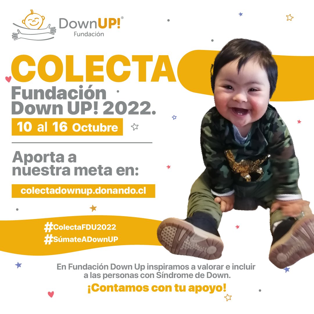 𝐒𝐔́𝐌𝐀𝐓𝐄 𝐀 𝐃𝐎𝐖𝐍 𝐔𝐏❗Colecta 2022 Del 10 al 16 de octubre.
Contamos contigo. 

Dona desde 1000 pesos en:
colectadownup.donando.cl

#SUMATEADOWNUP #COLECTAFDU2022 #SindromeDeDown