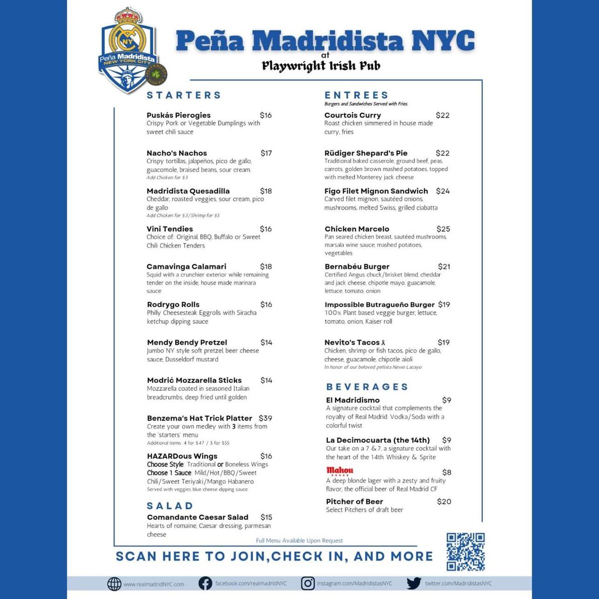 John Fernandez (@jfernandez) on Twitter photo Just thought I had to share the amazing marketing work my friends at <a href="/MadridistasNYC/">Peña Madridista NYC</a> and <a href="/playwright35th/">Playwright Irish Pub</a> have done with some of these dining options:
- Chicken Marcelo
- Camavinga Calamari
- and love for <a href="/NevieNyc/">Nevie Lacayo(Nevito)</a> 💔 
¡Hala Madrid! Just thought I had to share the amazing marketing work my friends at <a href="/MadridistasNYC/">Peña Madridista NYC</a> and <a href="/playwright35th/">Playwright Irish Pub</a> have done with some of these dining options:
- Chicken Marcelo
- Camavinga Calamari
- and love for <a href="/NevieNyc/">Nevie Lacayo(Nevito)</a> 💔 
¡Hala Madrid!
