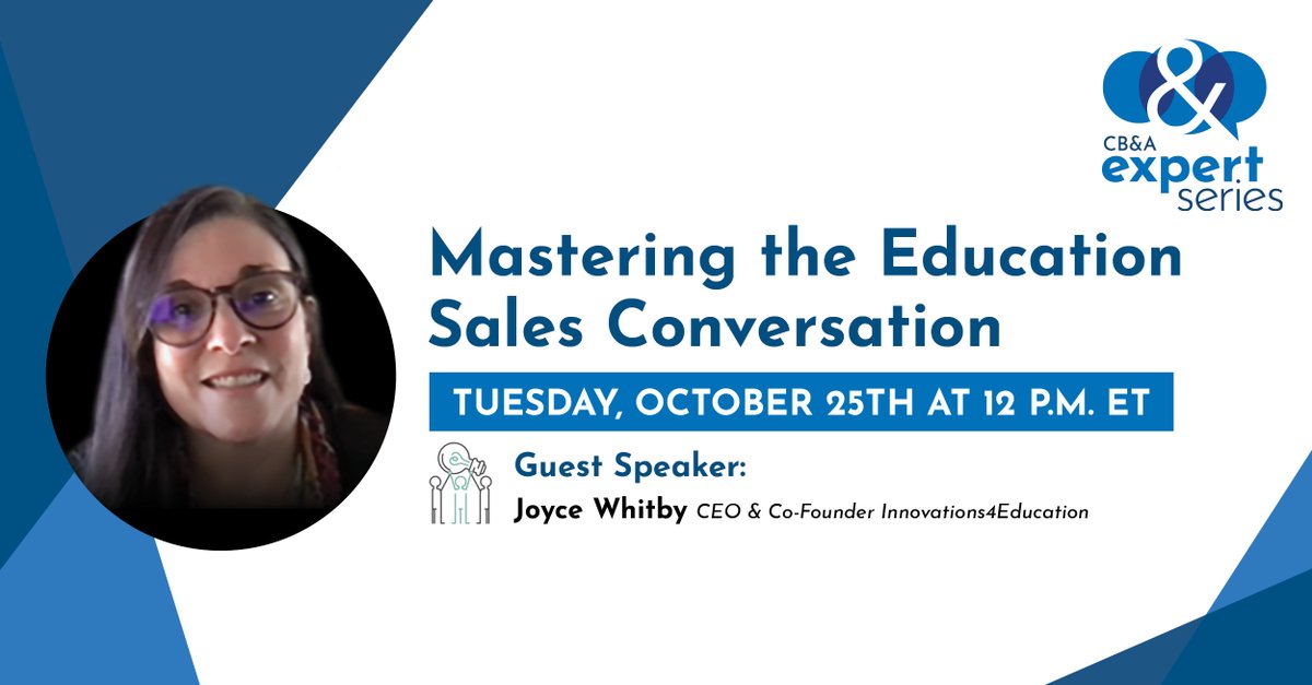 CBlohmAssoc's tweet image. This month’s Expert Series event features @jwhitby1, CEO of @innovates4edu. She&apos;ll cover every aspect of the education sales process–from the initial pitch to how to close the deal.

Register here: hubs.li/Q01pHC6H0 

#EducationStrategy #B2EMarketing