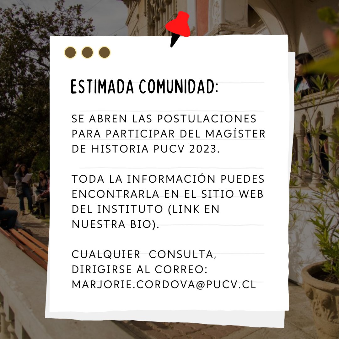 📚 El Instituto de Historia PUCV informa sobre el inicio de postulación al programa de Magíster en Historia 2023.

👉 Período de postulación: 17 octubre - 21 noviembre 2022.
👉 Entrevistas postulantes: 02 diciembre 2022.

🤳 ¡Revisa todos los detalles en nuestro sitio web!