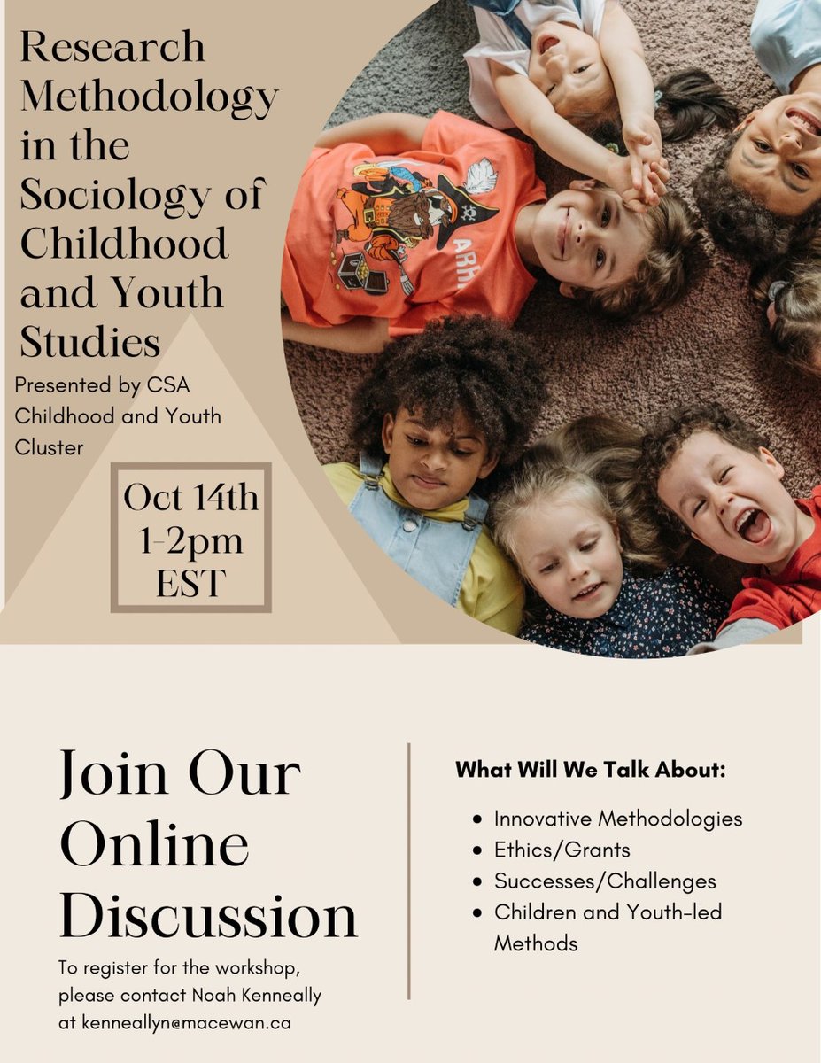 Join us tomorrow for an exciting conversation about methodologies in Sociology of Childhood and Youth research. To register email kenneallyn@macewan.ca