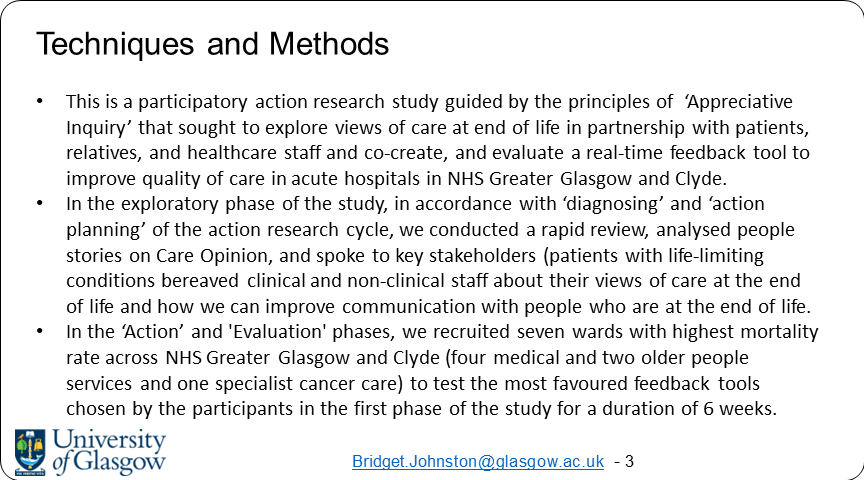 Palliative_Scot's tweet photo. Poster 52 #SPPCPosterParade22 Views of Care at End of Life: An action research study exploring the best ways of eliciting patient and family views of end of life care and giving real time feedback in acute hospitals @BridgetJohnst @UofGlasgow https://t.co/LZQ0JkJwR4