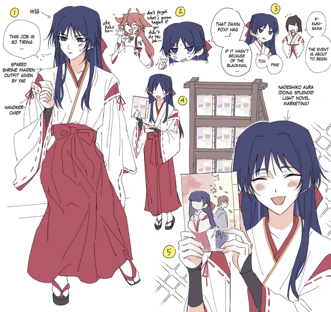 chiscara cheesy shoujo incident... scara crossdress as shrine maiden (reluctantly) as part-time job from yae *post boss fight* 