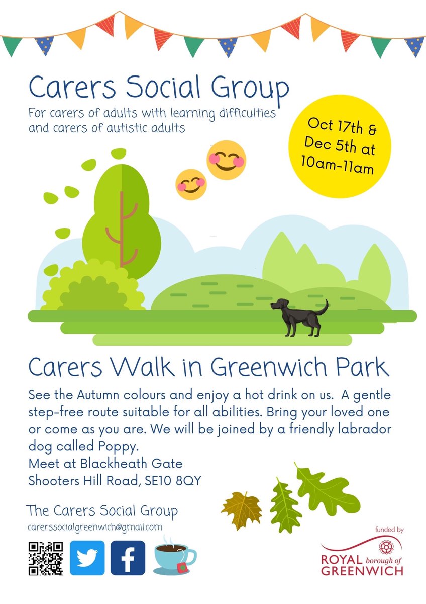 Come along to our carers walk on Monday 17 Oct at 10-11am in Greenwich Park. Let’s celebrate the beauty of Autumn! Step-free and suitable for all abilities. Hot drinks on us 😊🍂🍃🍁