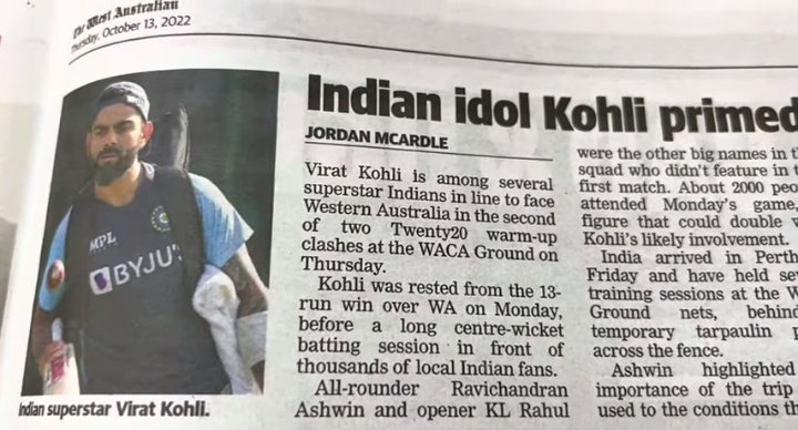ImTanujSingh's tweet photo. Sports page of Australian news paper today - India's Idol Virat Kohli is the main headline. Craze of King Kohli. https://t.co/nXcK6nCKd8