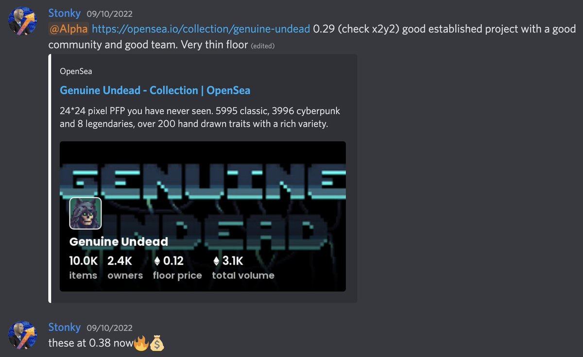 Look at this!💰

0.09ETH ($120) profit over a few hours! We are giving this alpha for free in our server guys!! 

We are going to be giving away $100 to a random member in our server soon so make sure you head over there📈🔥

#NFTs #Giveaway #Ethereum 

discord.gg/sw7sk7vkG7
