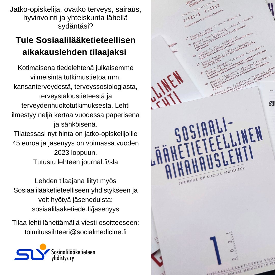 Jatko-opiskelija, tule SLA:n tilaajaksi!🗞️

Hinta jatko-opiskelijoille on 45 euroa ja jäsenyys on voimassa vuoden 2023 loppuun saakka. Samalla liityt myös Sosiaalilääketieteelliseen yhdistykseen.
journal.fi/sla

<a href="/Soslaaketiede/">Sosiaalilääketiede</a> #SLA