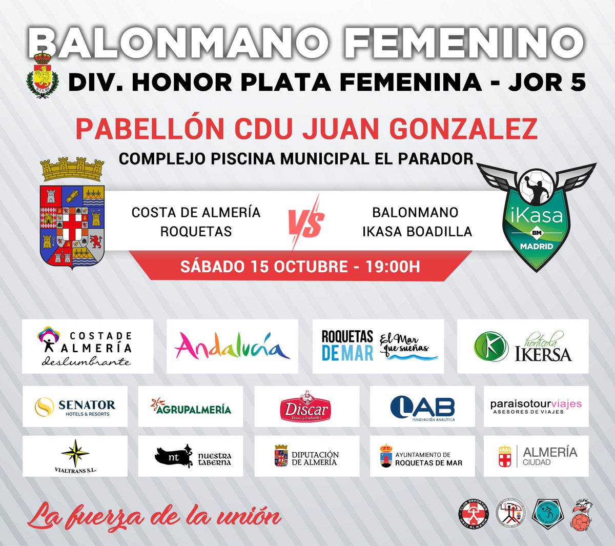 ¡Se avecina partidazo! Este sábado en el Pab Juan González del Complejo de la Piscina municipal en El Parador disfruta del duelo entre el <a href="/Costa_Almeria/">Costa de Almería</a> #Roquetas y el líder <a href="/balonmanoikasa/">Balonmano iKasa Boadilla</a> del que puede salir el líder del #GrupoD_DHPF ¡No te lo puedes perder! #VamosAlmería