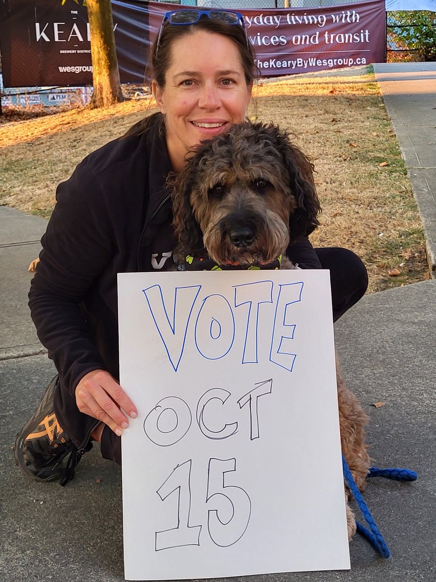 DConnellyNW's tweet photo. Had my furriest cheerleader out waving at folks with us this morning! Biggest message ... #NewWest don't forget to #VOTE this Saturday, October 15, 8:00am-8:00pm! #nwelxn #nwelxn2022 #dogsofnewwest @NWProgressives https://t.co/ZrP2QEXlkd