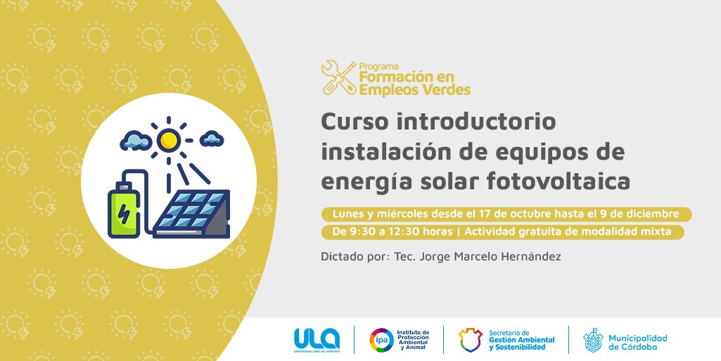 ☀️No te pierdas la oportunidad de aprender a instalar equipos de energía fotovoltaica! ☀️
Curso gratuito del Programa Empleos Verdes 🙌🏼
Inscribite acá 👉🏽ambiente.cordoba.gob.ar/empleos-verdes/