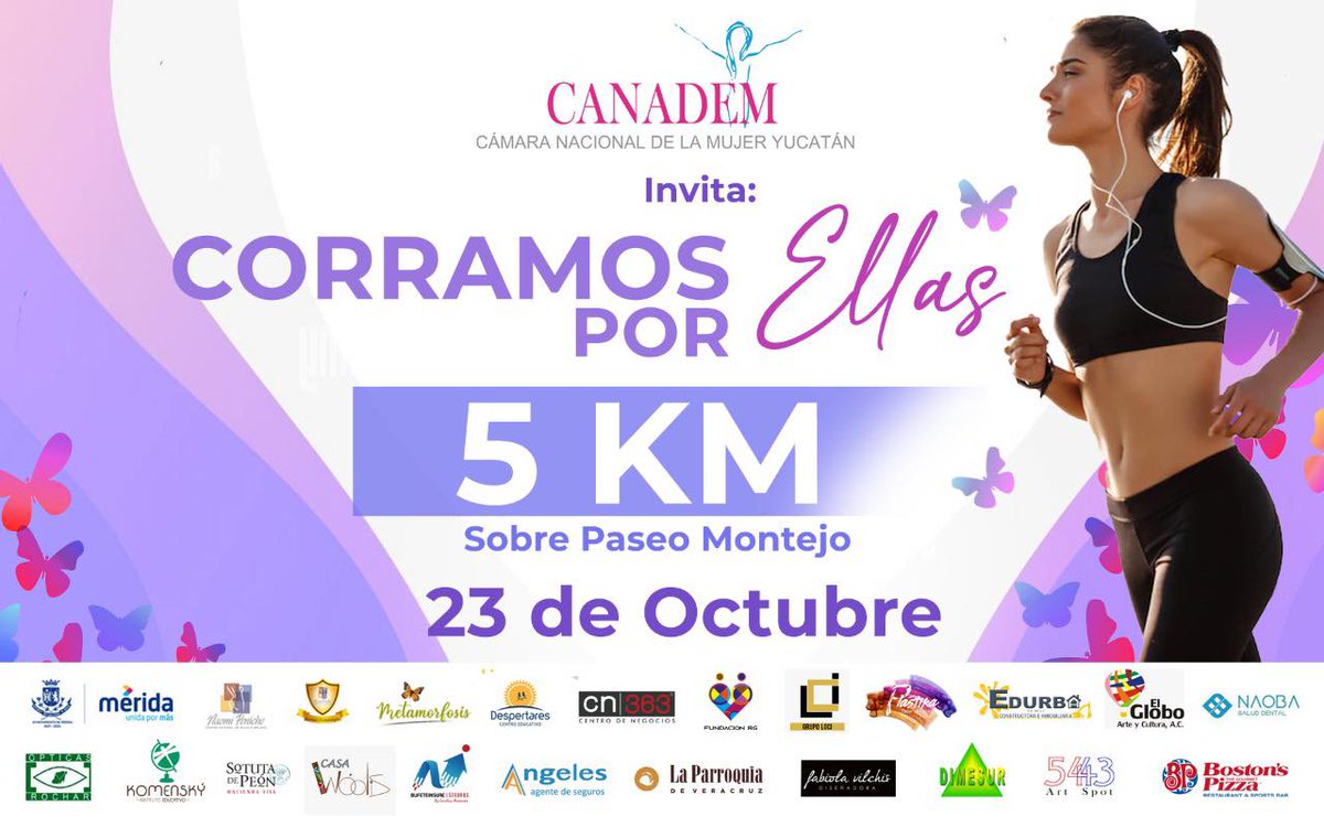 La Cámara Nacional de la Mujer, CANADEM Yucatán ha dado inicio a las inscripciones para la carrera “CORRAMOS POR ELLAS”, a realizarse en Paseo de Montejo el próximo 23 de octubre de 2022 a las 6:00 am.

Inscripciones en el siguiente enlace:
khronometraje.com/EVO/compraenli…

#Trendstur