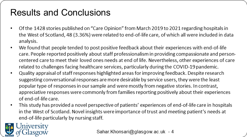 Palliative_Scot's tweet photo. Poster 53 #SPPCPosterParade Views of Care at End of Life: Using Care Opinion to explore end of life experiences @ClaireO27760027 @BridgetJohnst @sahar_kh20 @palliativeggc @nhsggc @CareOpinionScot @careopinion @jamesfm55 @UofGlasgow https://t.co/mlygozrjj9