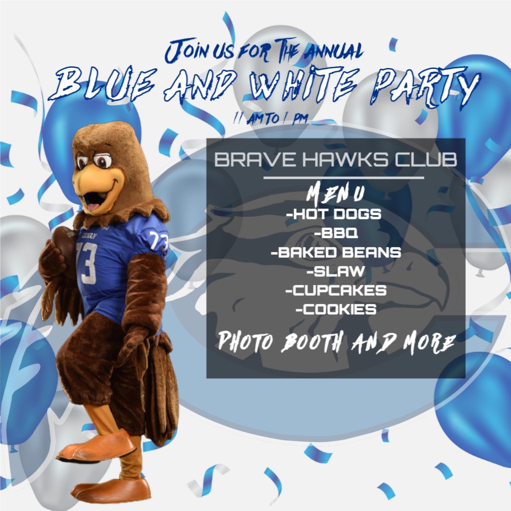 Join us Saturday at our annual Blue and White Party. TIME: 11 am-1 pm LOCATION: in front of the Wayland Jenkins Fine Art Center under the tent KICK OFF: 1 pm vs VSU CU THERE! GO HAWKS!