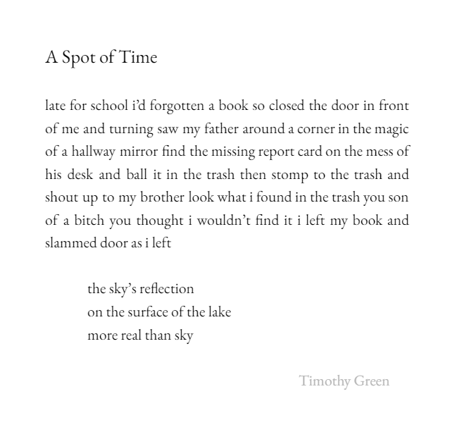 timothygreen's tweet photo. This week's prompt (via Bruce Bennett) was to write about one of Wordsworth's "spots of time"โsmall moments that have a profound impact on our lives through the knowledge they impart. This was one for me.
#haiku #haibun #spotsoftime https://t.co/j1UYT9juHD