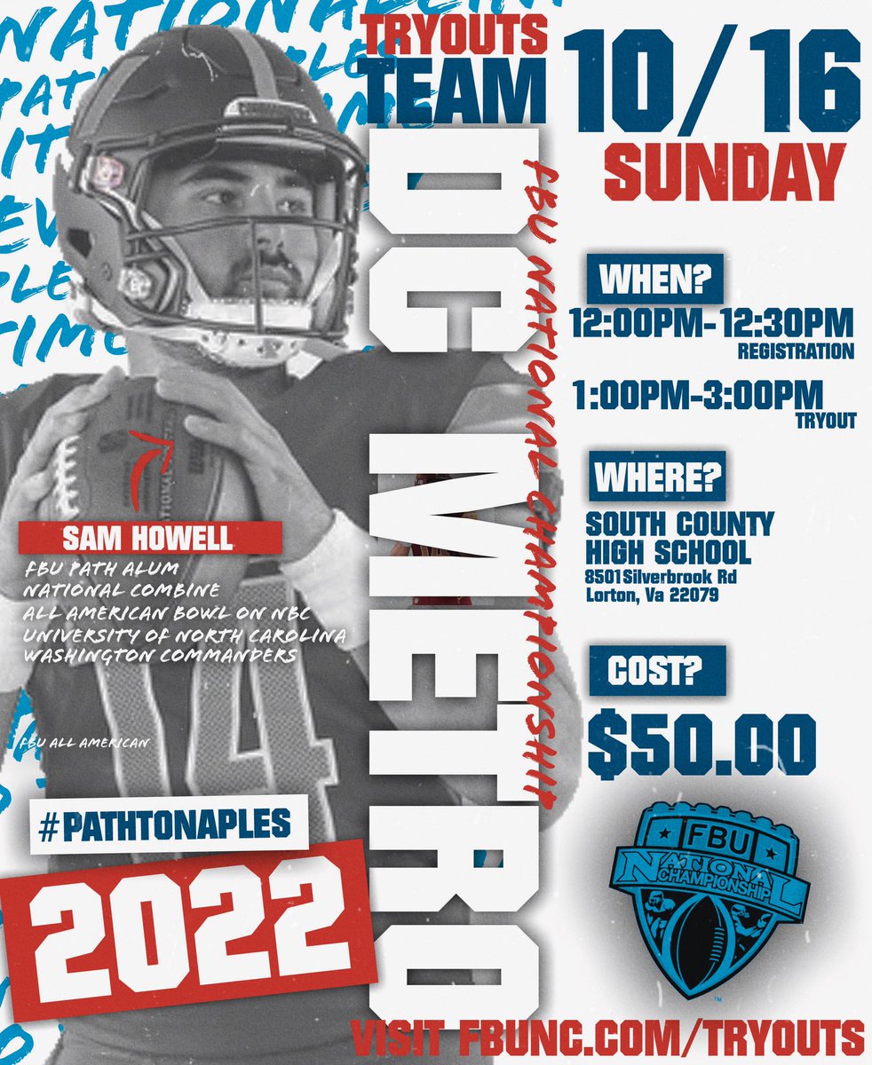 DC WHAT’S GOOD? 🏈

Attention all DC area ballers!! The 2022 #PathToNaples has begun! 

 FBUNC Team DC Metro is holding tryouts for this years elite squad 🌴

Visit the link ✅

FBUNC.com/tryouts

#FBUNC #PathToNaples