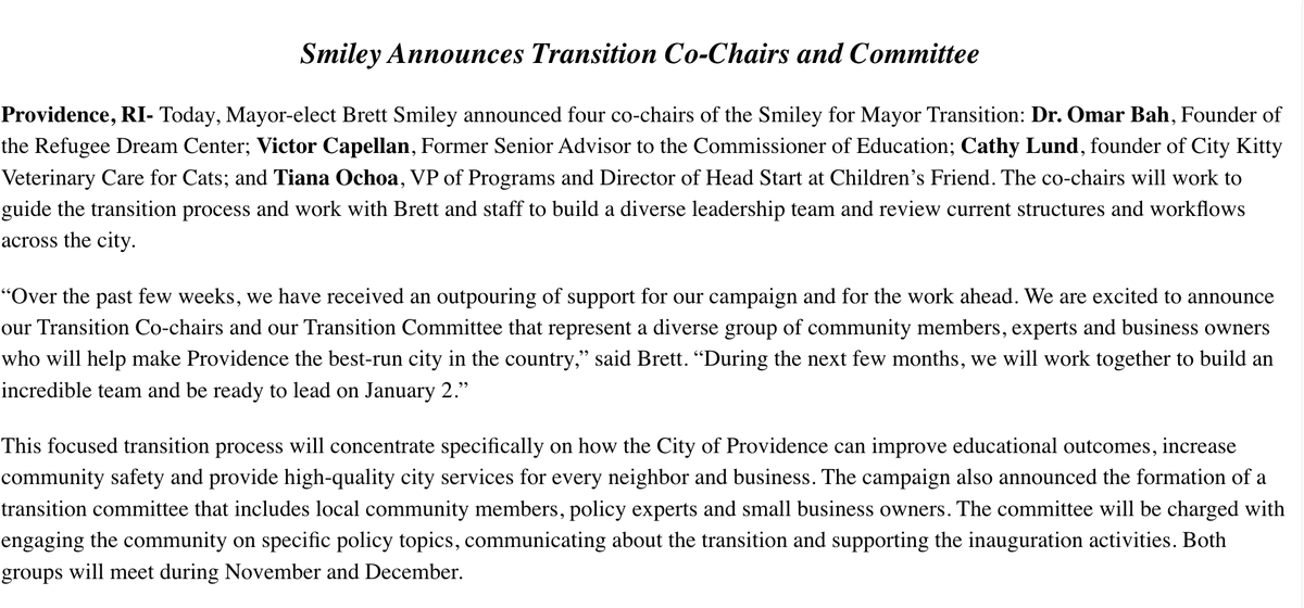 amymrusso's tweet photo. .@brettpsmiley has just announced his transition team, making @malee_ward the executive director. There are four co-chairs, including Dr. Omar Bah, founder of the Refugee Dream Center, who recently lost his Democratic primary bid for CD2 to Seth Magaziner. https://t.co/LOuvTfPvR6