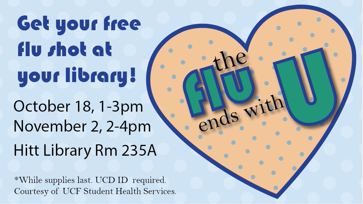 Get your FREE flu shot TODAY 10/18 at the HItt Library in room 235A 1-3pm or on 11/2, 2-4pm. Courtesy of @UCFHealthCenter UCF ID required.