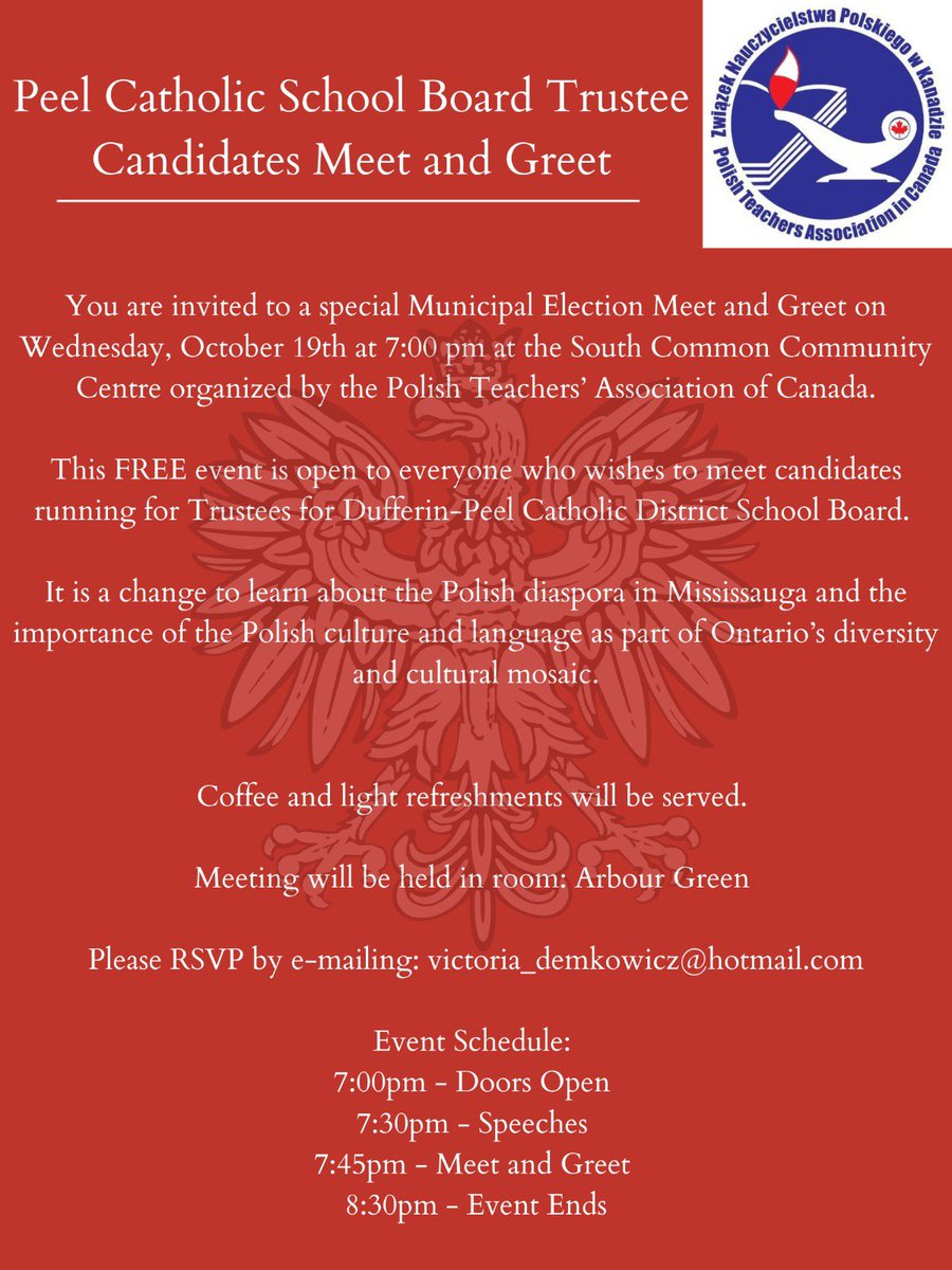 I would like to personally invite anyone who is interested in attending a meeting on Oct 19th, 2022 for a Municipal Election Meet & Greet. During this meeting anyone who wishes to meet candidates running for Trustees for Dufferin-Peel Catholic District School Board may do so!